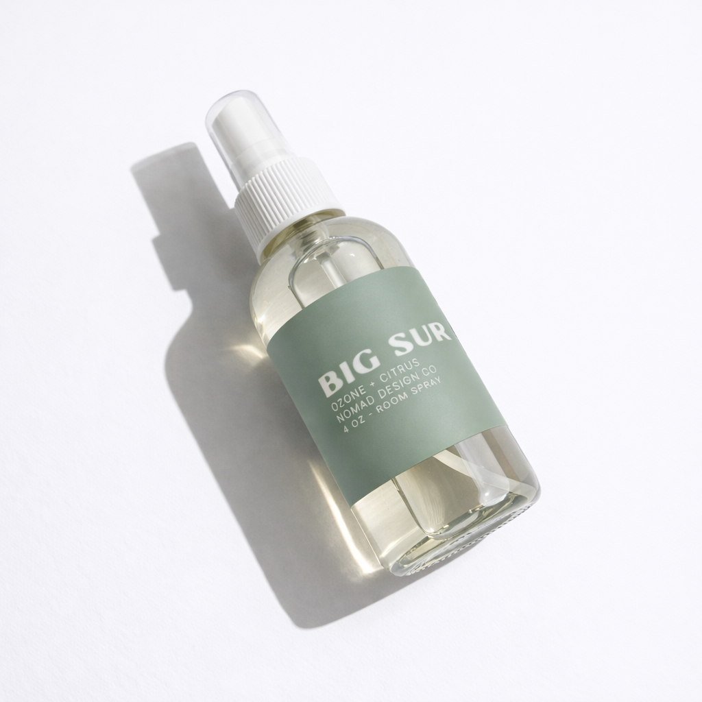 Bottle of 'Big Sur' room spray with a green label on a white background