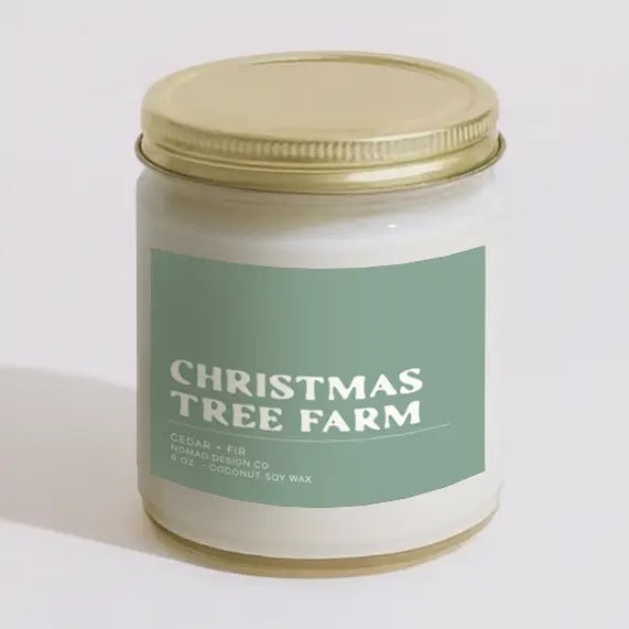 Candle jar labeled 'Christmas Tree Farm' on a white background